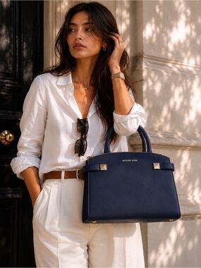 Michael Kors Karla Satchel Navy Saffiano Leather Gold Hardware Like New
